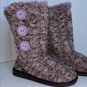 Essentials by Muk Luks Girls Malena Boots Cozy Knit  Slippers Purple/Brown Sz. 1